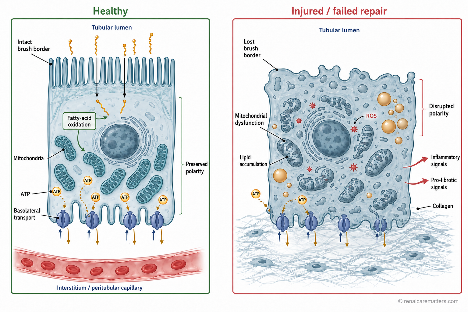 A side-by-side comparison of a healthy proximal tubular cell (fatty-acid oxidation, abundant ATP, restored polarity, effective transport) versus an injured, failed-repair cell (mitochondrial dysfunction, reduced fatty-acid oxidation, ATP depletion, lipid accumulation, reactive oxygen species, and pro-fibrotic signaling).