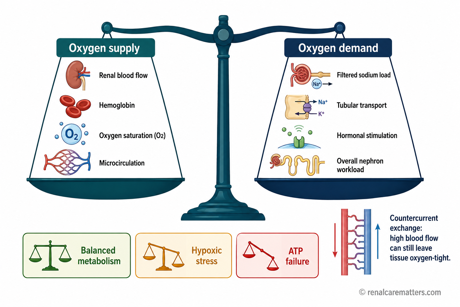 A balance scale weighing oxygen supply (renal blood flow, hemoglobin, oxygen saturation, microcirculation) against oxygen demand (filtered sodium, tubular transport, hormonal stimulation, nephron workload), with output states of balanced metabolism, hypoxic stress, and ATP failure.