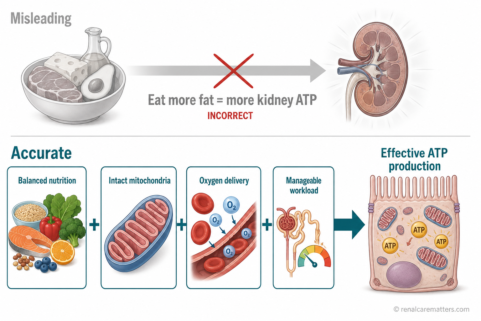 A contrast between a misleading model (eat more fat leads to more kidney ATP) and an accurate model (balanced nutrition plus intact mitochondria plus oxygen delivery plus manageable workload together produce effective ATP).