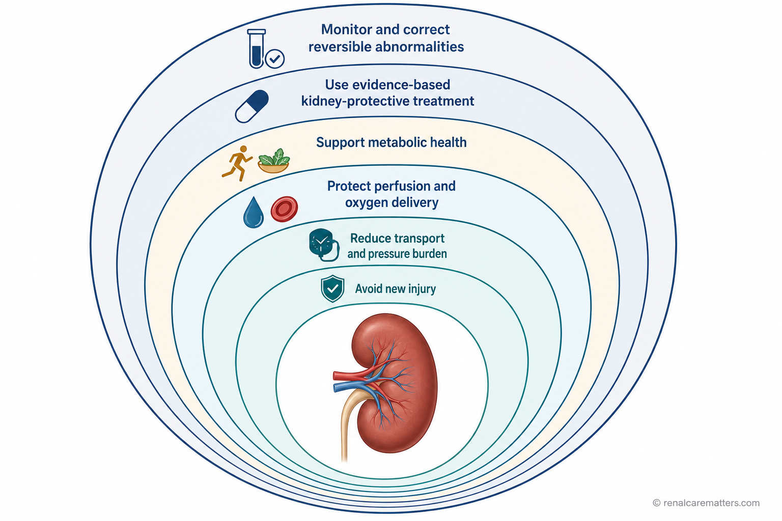A layered framework for protecting the renal power system: avoid new injury, reduce transport and pressure burden, protect perfusion and oxygen delivery, support metabolic health, use evidence-based kidney-protective treatment, and monitor and correct reversible abnormalities.