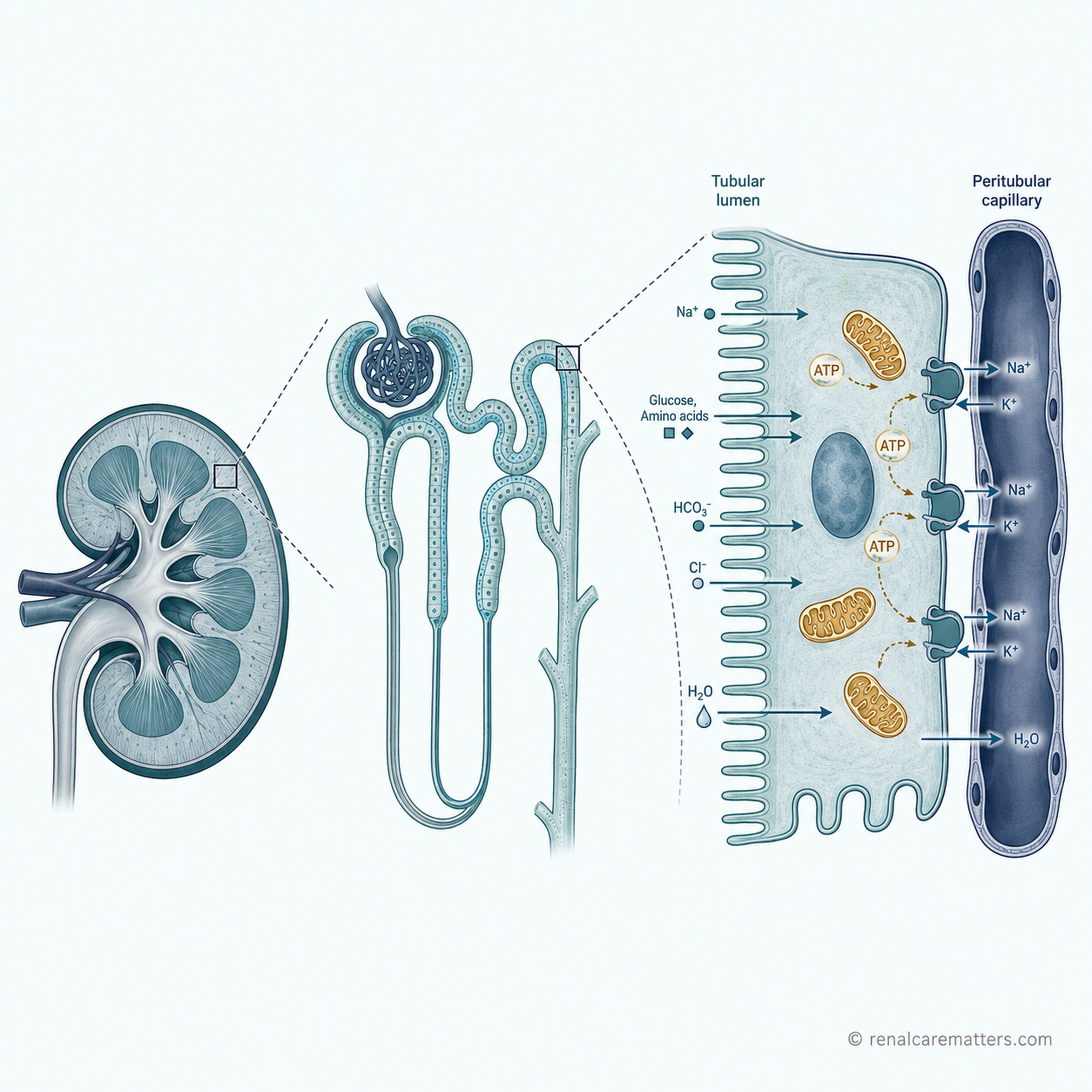 A kidney cutaway transitioning into a magnified nephron and a proximal tubular cell whose mitochondria generate ATP to power sodium recovery.