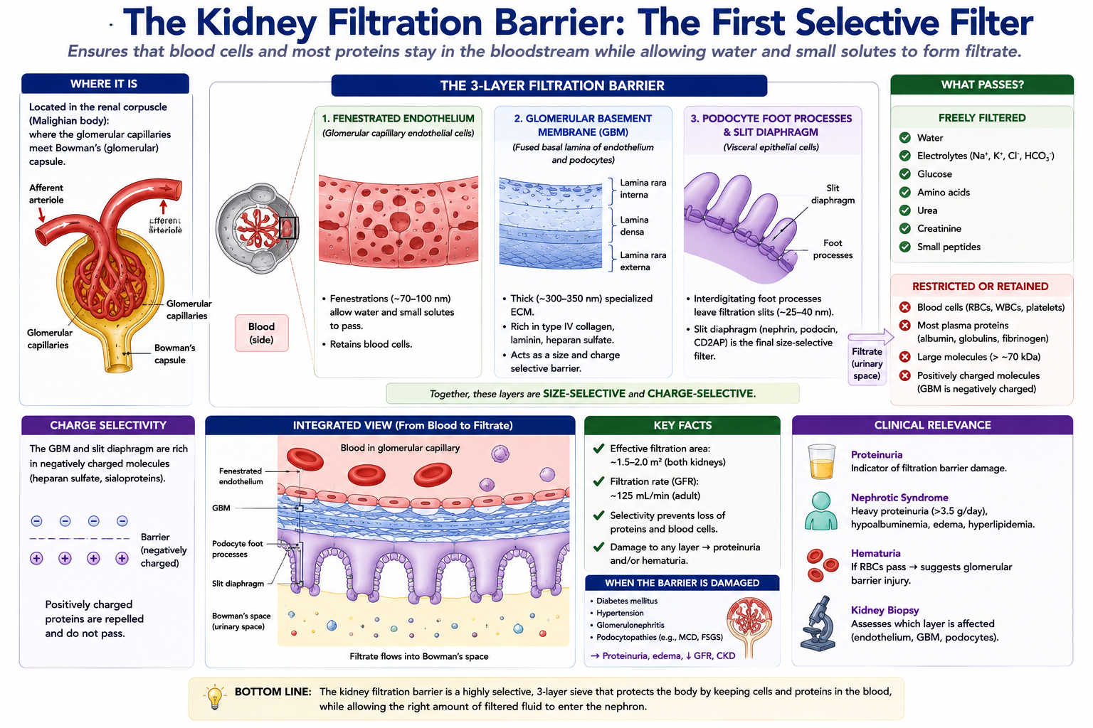 Glomerular filtration barrier — the three layers (fenestrated endothelium, glomerular basement membrane, and podocyte slit diaphragm) that let water and small wastes such as urea, creatinine, and uric acid pass into Bowman's space while keeping blood cells and albumin in the blood.