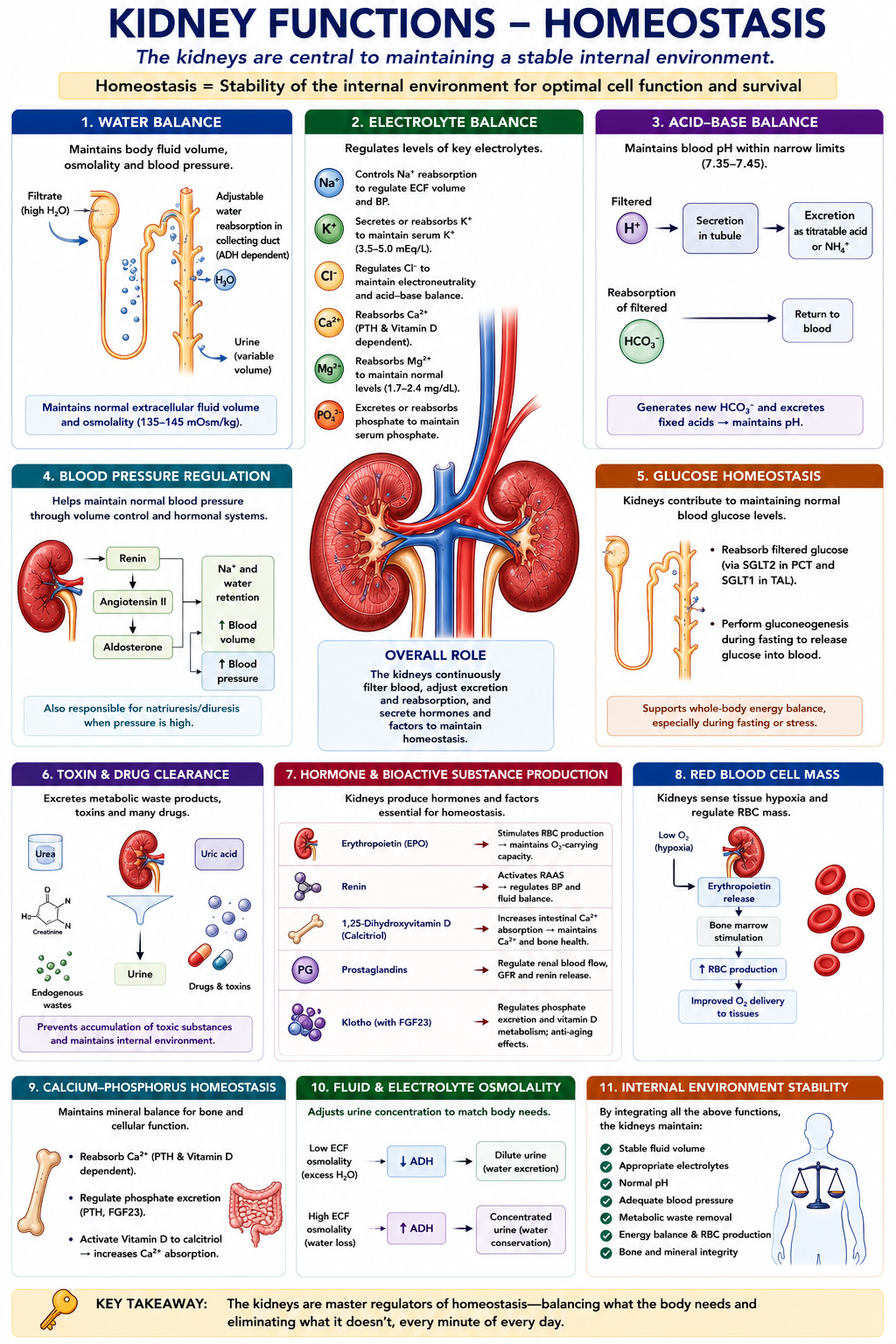 Homeostasis master diagram — the nephron as an integrator receiving inputs from blood-pressure sensors, osmoreceptors, oxygen sensors, hormones, electrolytes, and acid-base status, then continuously adjusting filtration, reabsorption, secretion, and hormone output to answer the ten questions the kidney resolves every second.