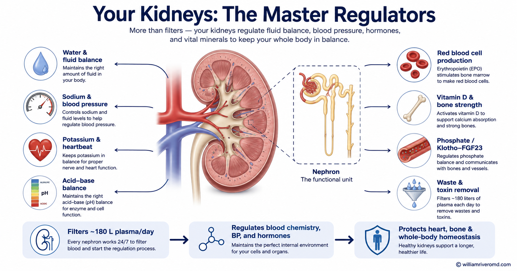 Your Kidneys: The Master Regulators — a kidney at the center with arrows radiating to its many regulatory roles: water and fluid balance, sodium and blood pressure, potassium and heartbeat, acid-base balance, red blood cell production, vitamin D and bone strength, phosphate and Klotho-FGF23, and waste and toxin removal.