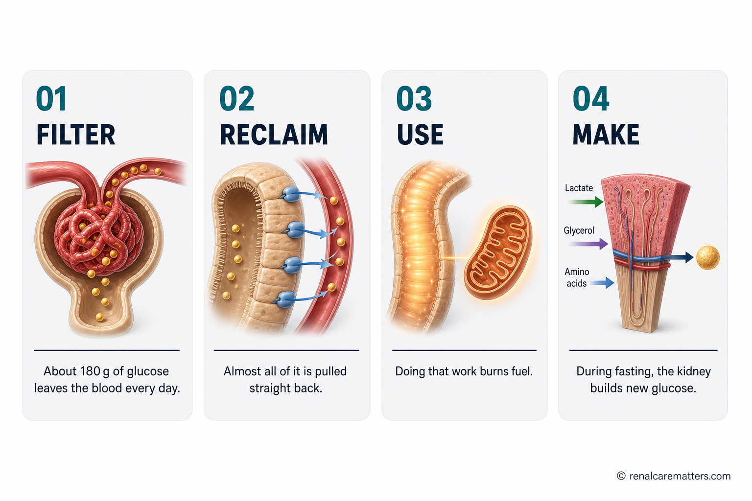 Four-panel diagram of the kidney's glucose jobs: filter, reclaim, use, and make