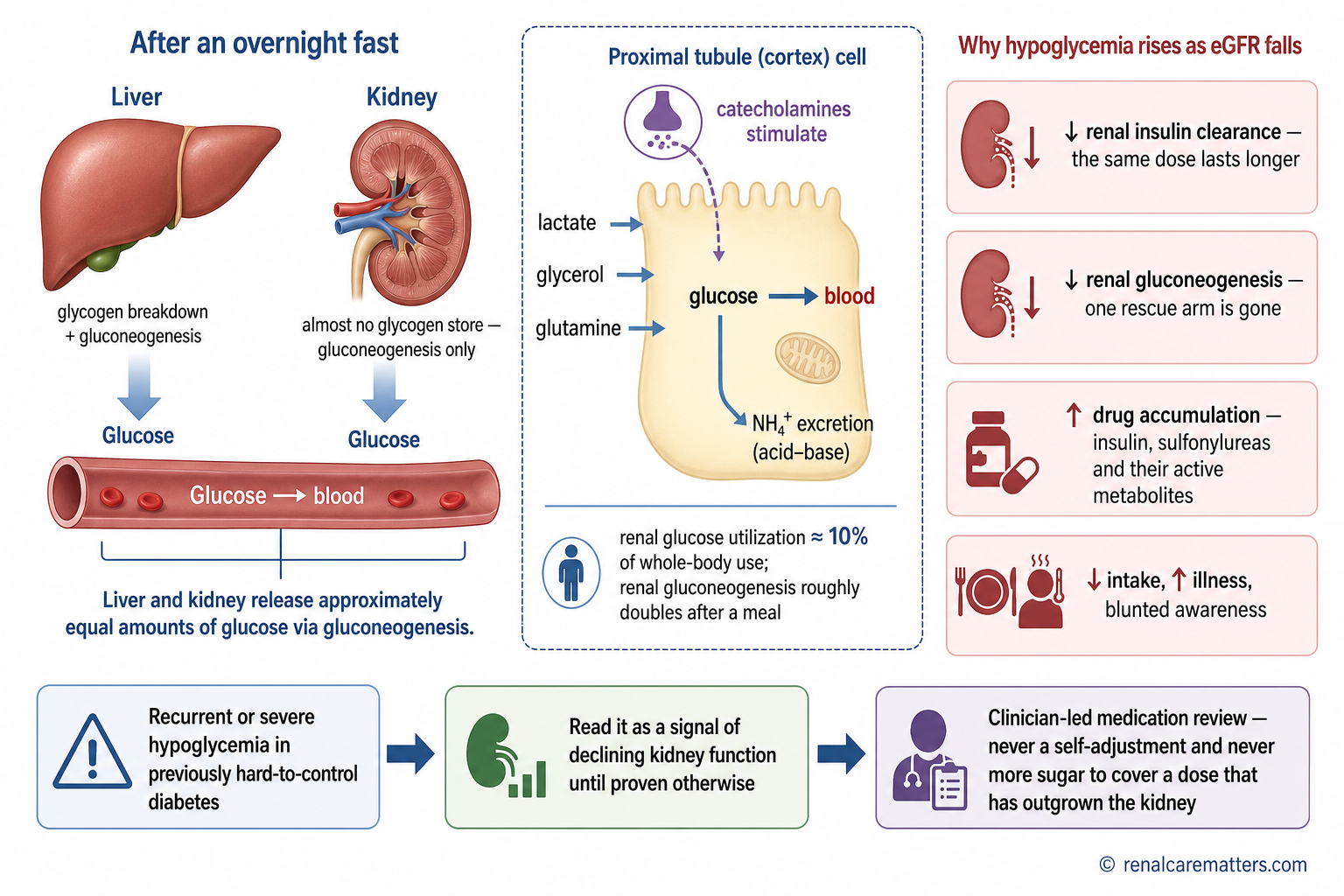 Diagram comparing liver and kidney glucose production during fasting, and how advanced kidney disease raises hypoglycemia risk