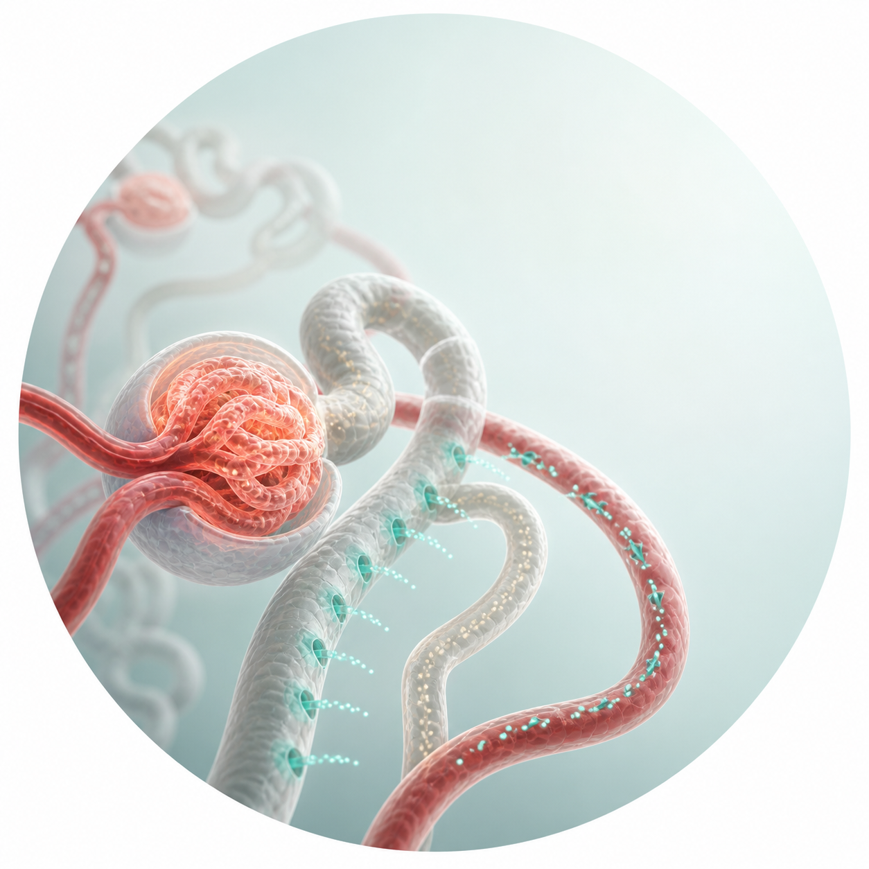 Circular vignette hero illustration for the kidney and glucose homeostasis guide.