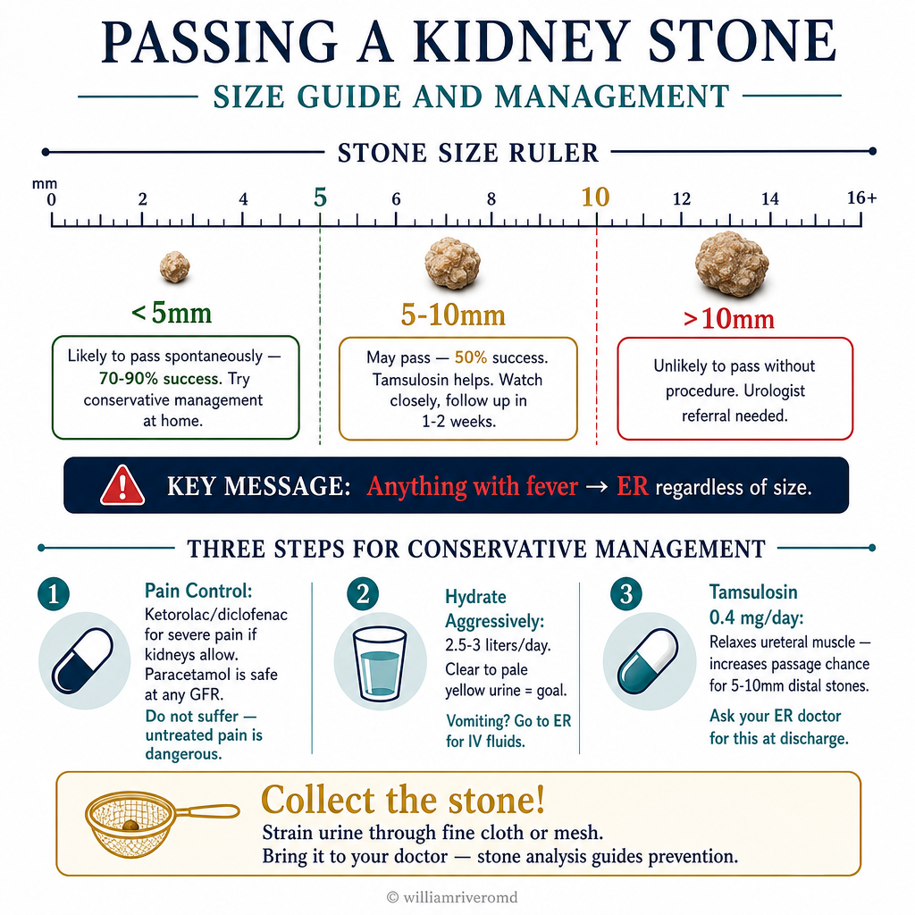 Passing a Kidney Stone — size ruler showing <5mm 70-90% pass spontaneously, 5-10mm 50% with tamsulosin, width=