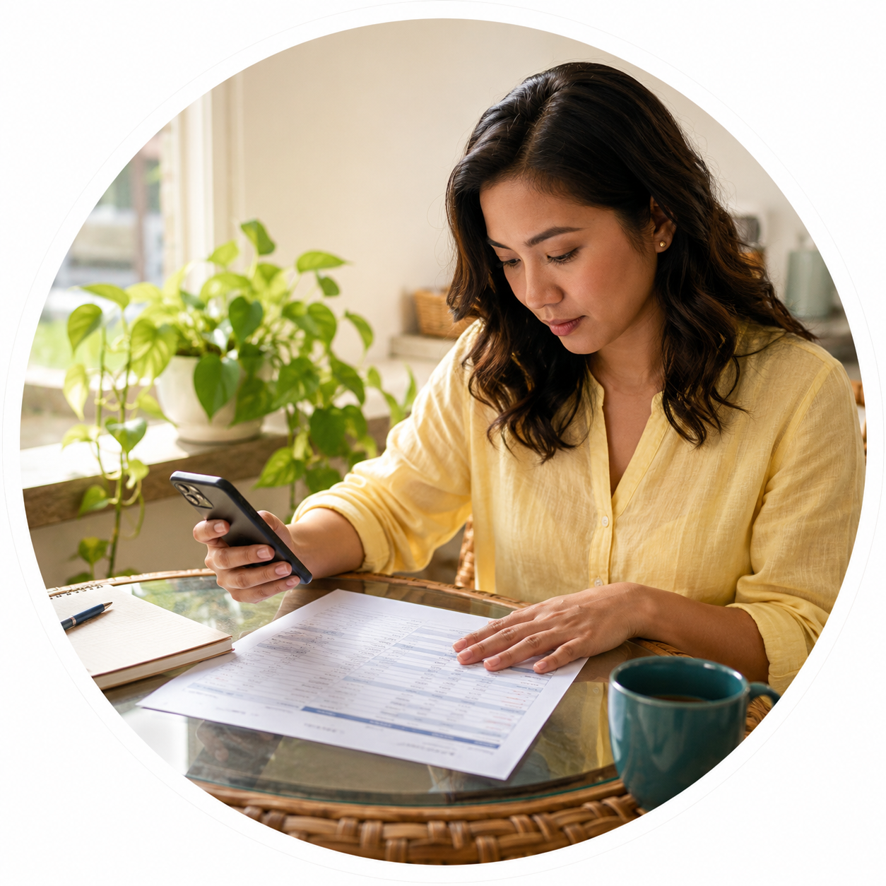 A woman at her kitchen table reading a printed lab report, phone in hand, deciding what to do next.