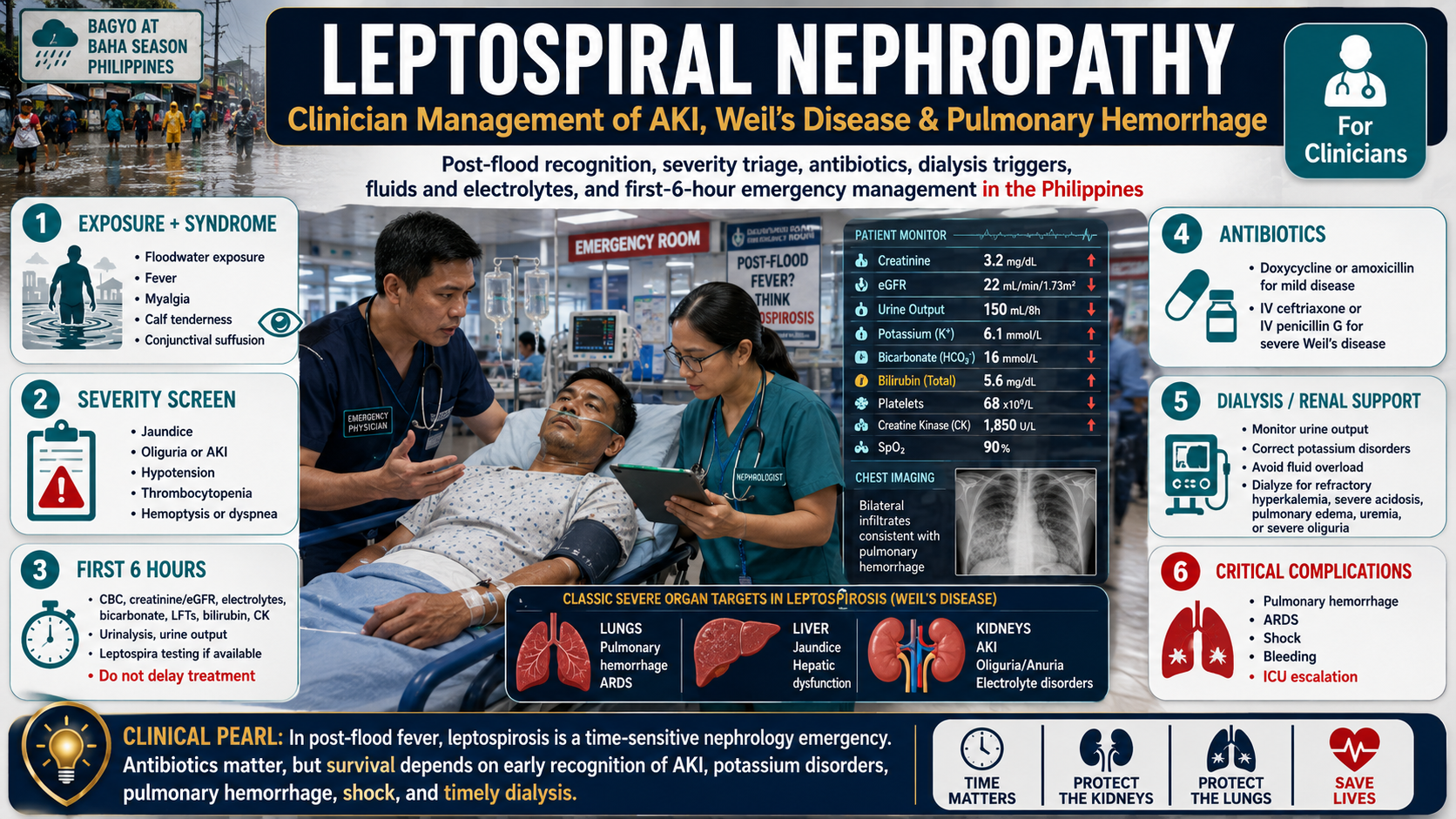Leptospiral Nephropathy — clinician management of AKI, Weil's Disease and pulmonary hemorrhage: post-flood recognition, severity triage, antibiotics, dialysis triggers, fluids and electrolytes, first-6-hour emergency management in the Philippines · williamriveromd.com