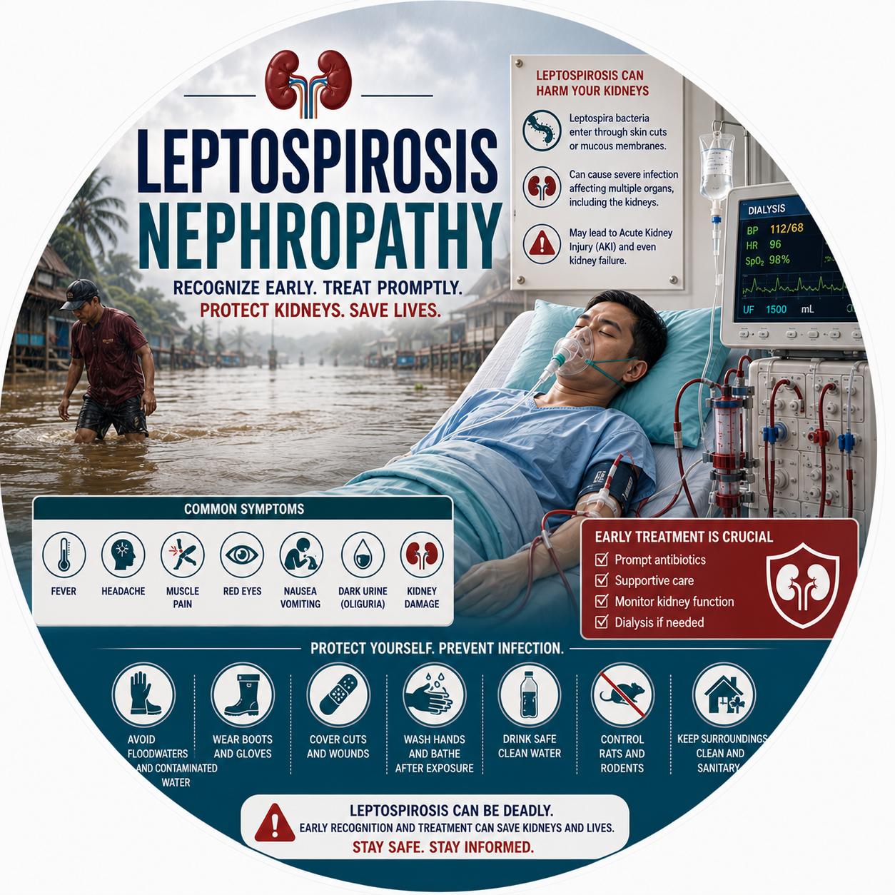 Circular vignette hero illustration for the leptospirosis and kidney guide.