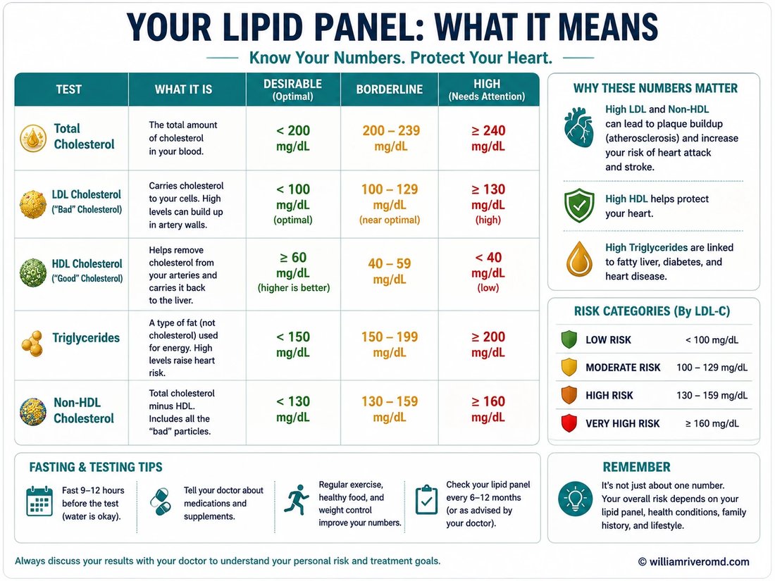 Lipid panel reference card showing desirable, borderline, and high ranges for Total Cholesterol, LDL, HDL, Triglycerides, and Non-HDL, with LDL-based risk categories and testing tips