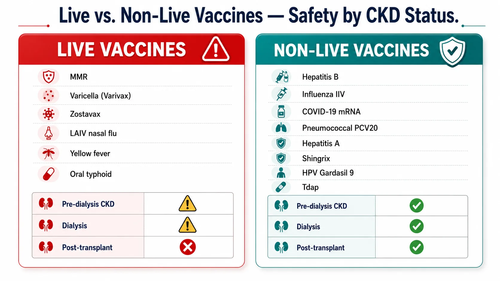 Chart comparing live attenuated vs non-live (inactivated) vaccines and their safety across CKD stages including post-transplant