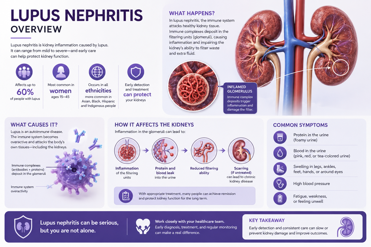 Four-panel lupus nephritis overview infographic: autoantibody cascade, ISN/RPS class reference, Filipino statistics, and treatment pyramid