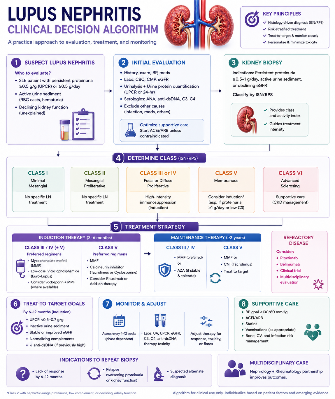 Lupus nephritis clinical decision flowchart: from SLE screening through biopsy, ISN/RPS class assignment, induction, and escalation at 6-month response check