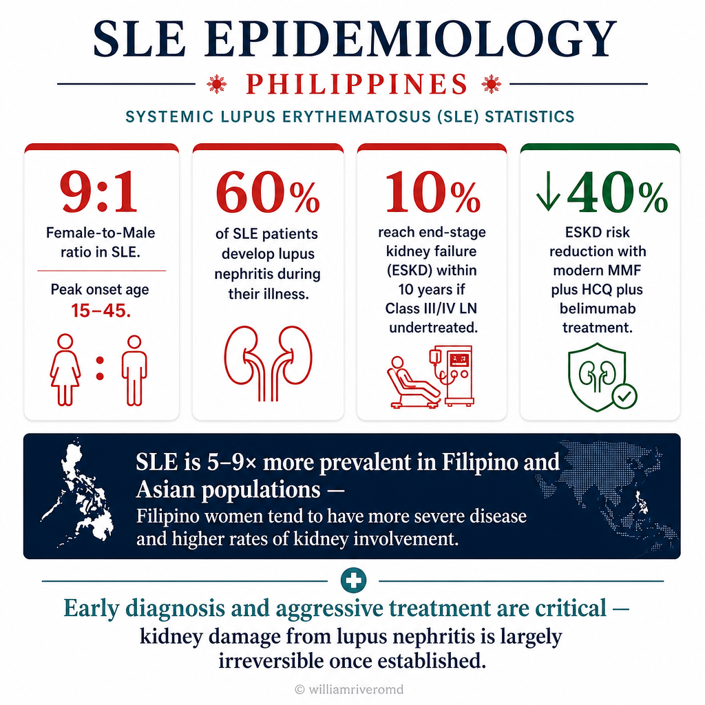 Philippines SLE epidemiology infographic: LN prevalence, Class IV predominance, ESKD risk, and mortality data from Philippine tertiary centres