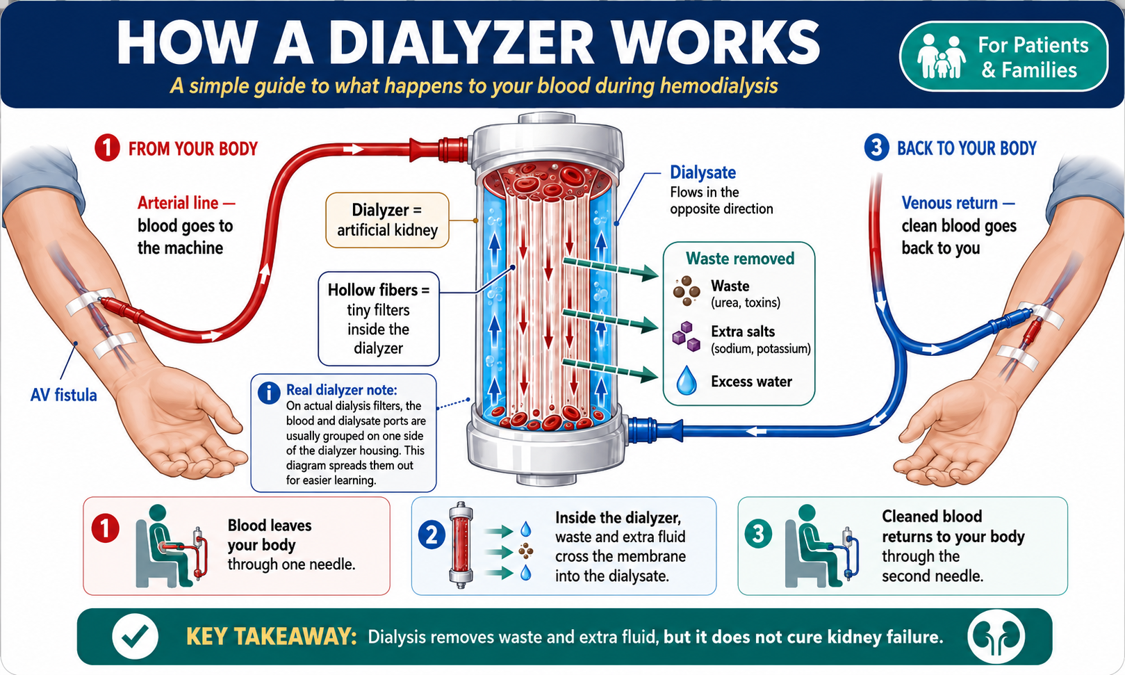 How a hemodialysis dialyzer works — blood passes through hollow fibers bathed in dialysate, removing waste and excess fluid