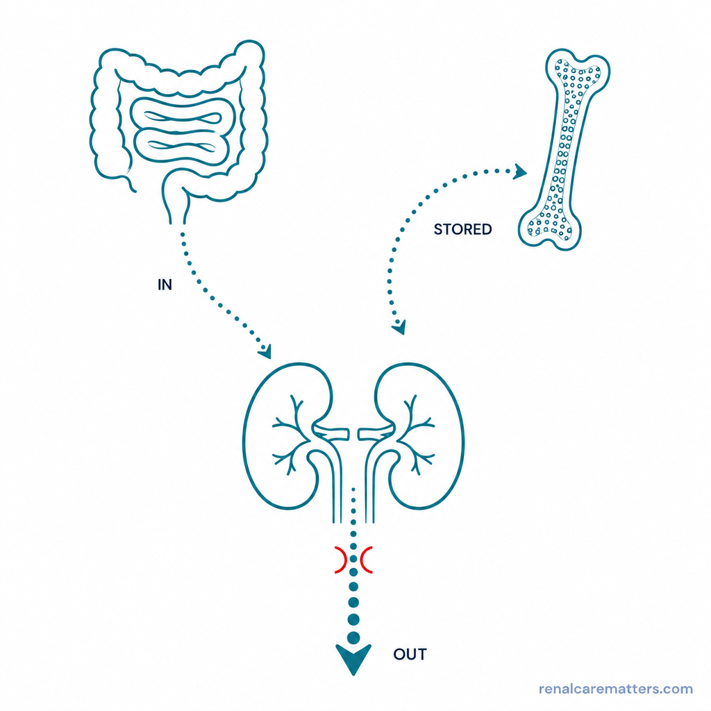 Line diagram: magnesium enters through the gut, is stored in bone, and leaves through the kidneys, with a narrowing marked on the kidney exit route
