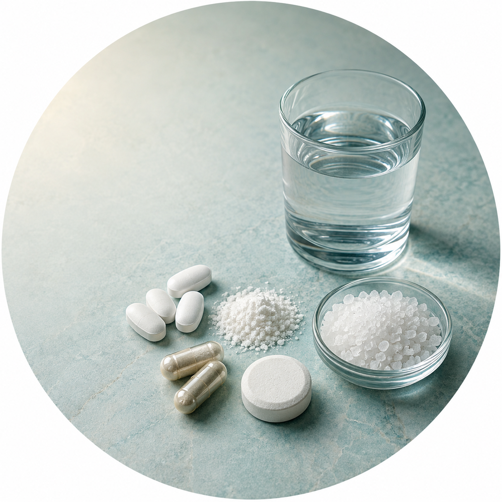 Top-down still-life of unbranded magnesium tablets, capsules, powder and coarse bath crystals grouped beside a plain glass of water on a pale teal stone surface