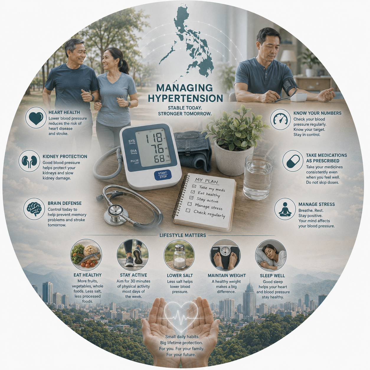 Circular vignette hero illustration for the managing high blood pressure guide.