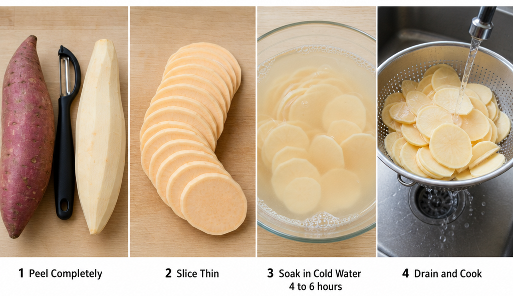 Four-panel leaching technique: peel kamote, slice thin, soak in cold water, drain and cook