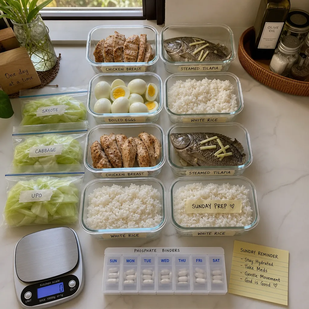 Sunday batch cooking setup: rice, cassava, kamote, eggs, fish portions, and leached vegetables prepared in 2 hours