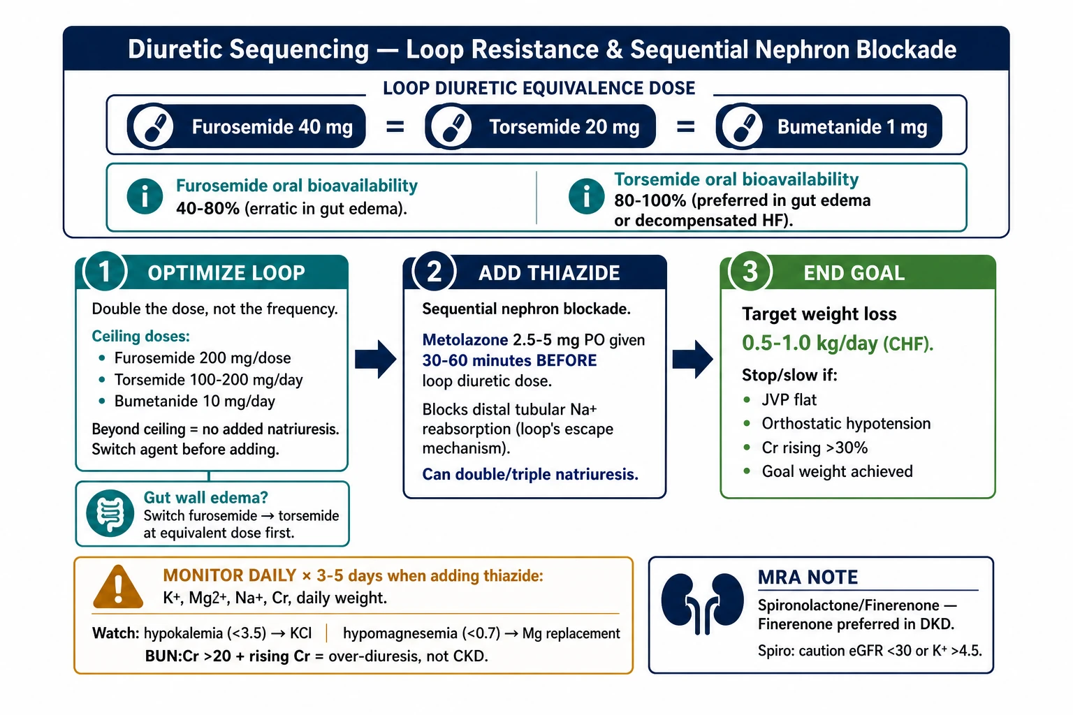 Diuretic sequencing and loop resistance management flowchart