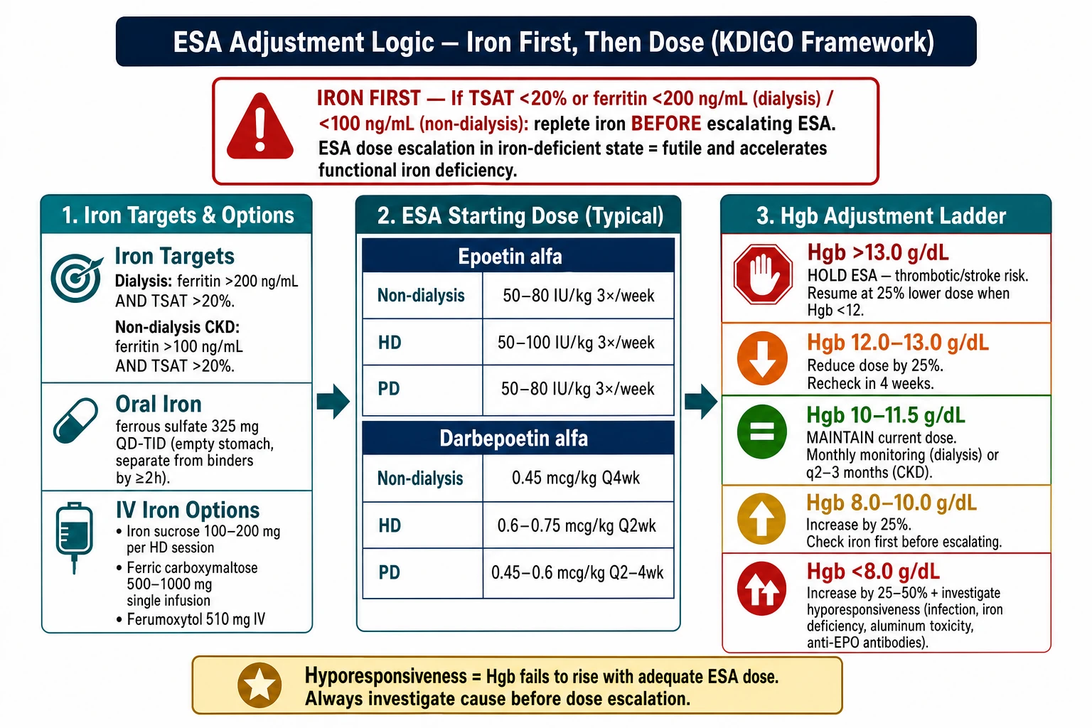 ESA adjustment logic flowchart — iron first, then dose