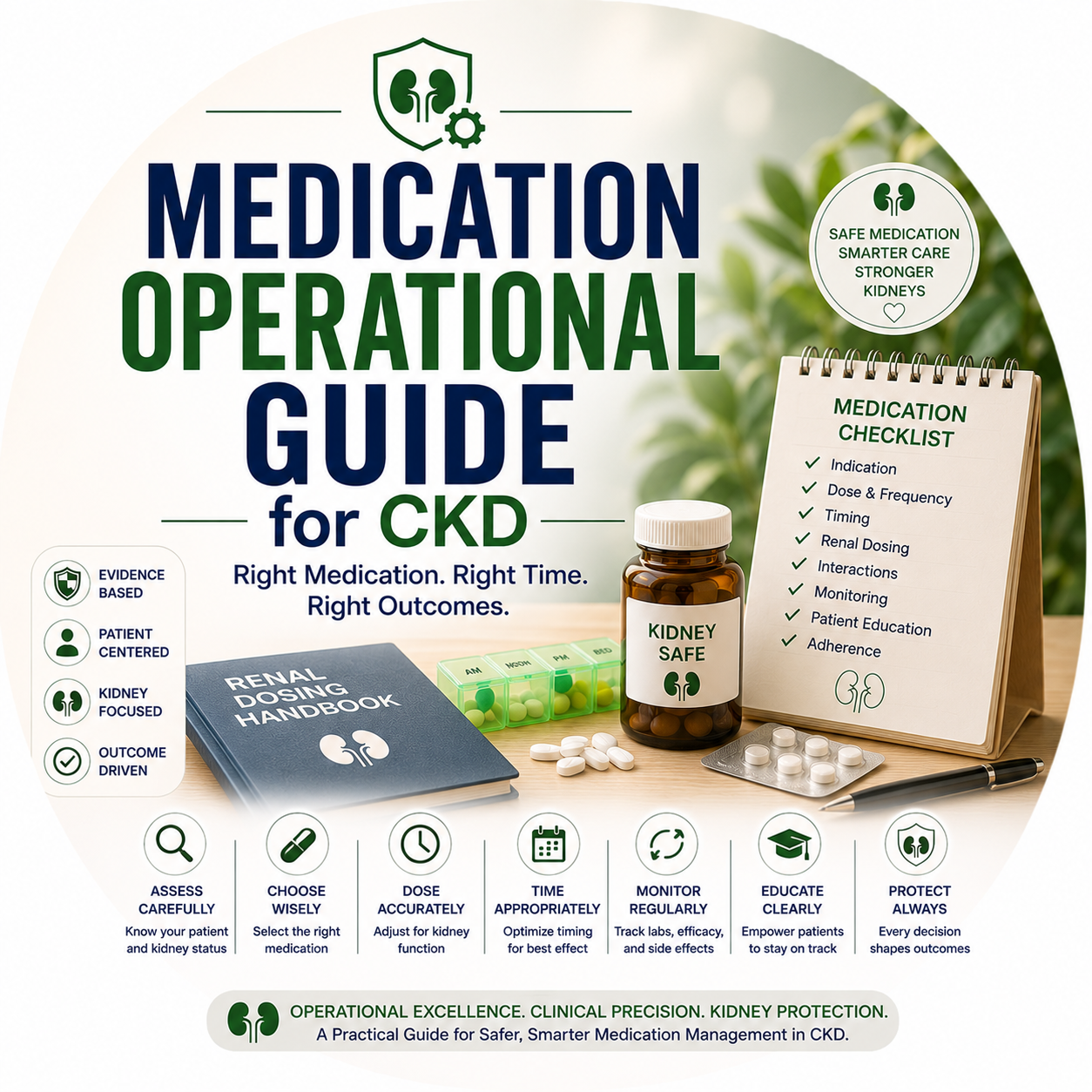 Circular vignette hero illustration for the CKD prescriber's medication operational guide.