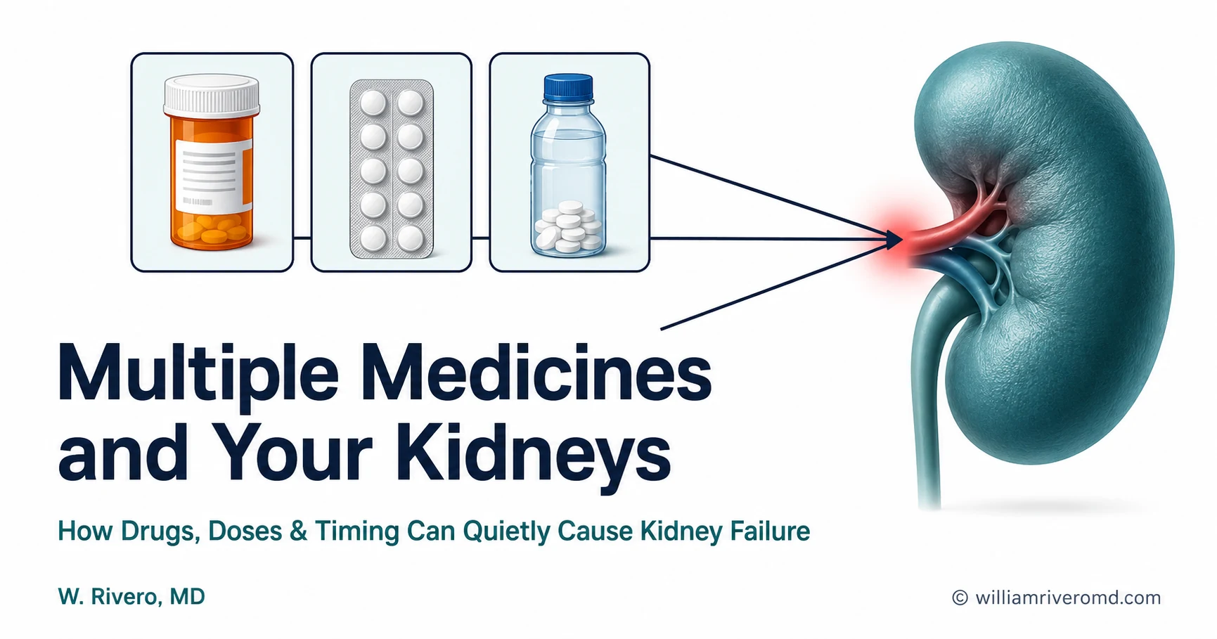 Multiple Medicines and Your Kidneys — an OG card on how combining common drugs, doses, and timing can quietly cause kidney failure, by W Rivero, MD