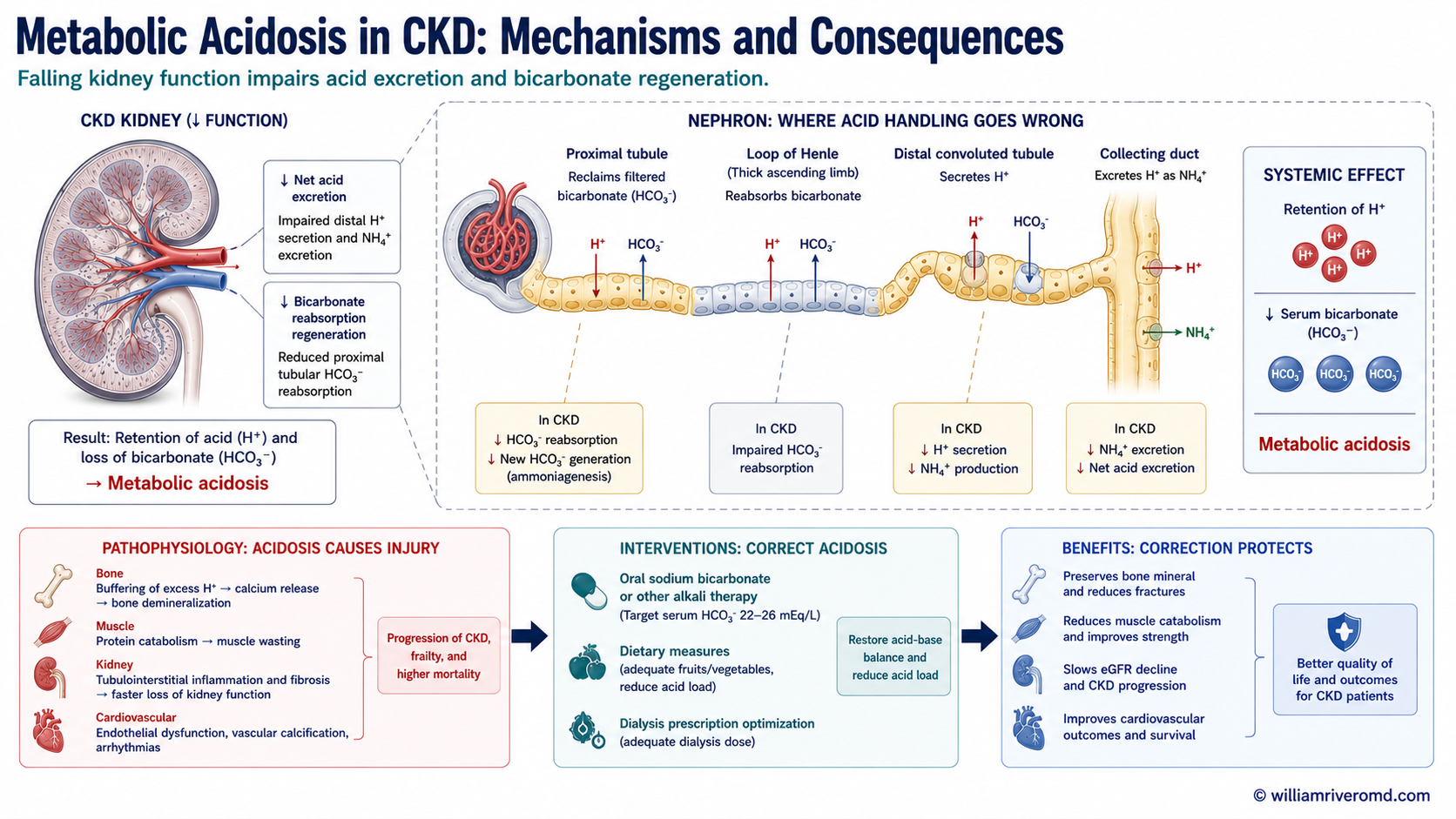 Biomedical mechanism schematic of metabolic acidosis in CKD: reduced nephron mass impairs proximal bicarbonate regeneration and distal ammonium excretion, lowering serum bicarbonate and driving muscle, bone and kidney injury, corrected by oral alkali and a base-producing diet