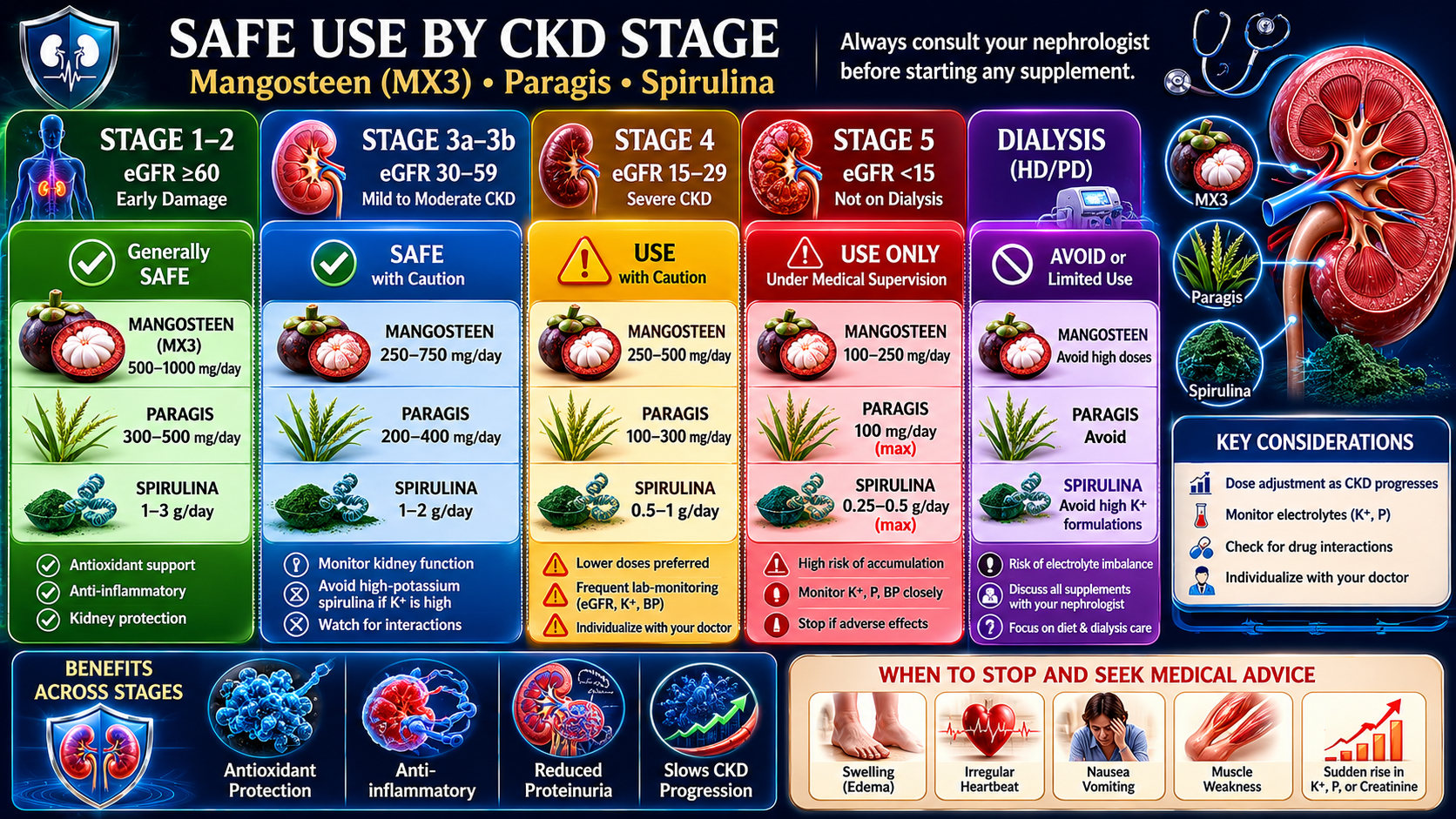 Color-coded CKD staging bar from G1 (eGFR 90+, green) to G5 (eGFR less than 15, red), with supplement safety icons for MX3, Paragis, and Spirulina at each stage