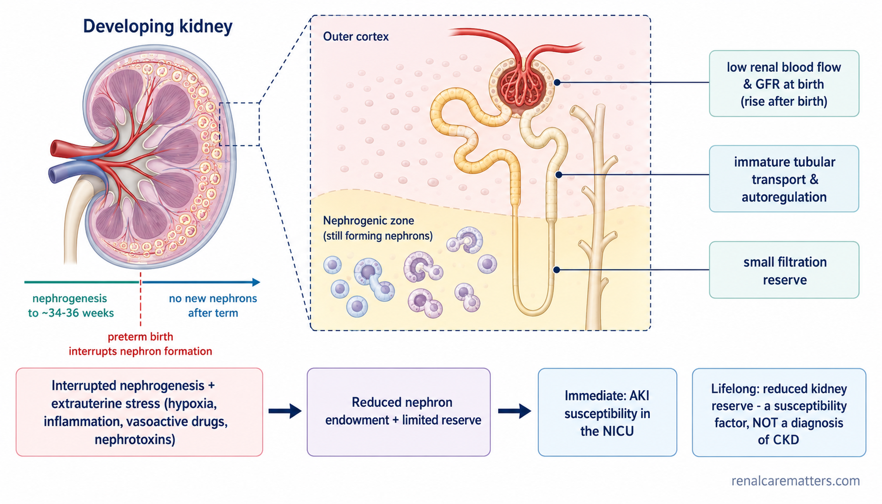 Developmental-origins schematic: a developing kidney with nephrogenesis running to about 34 to 36 weeks and no new nephrons after term; a magnified nephron in the outer cortex and nephrogenic zone with callouts for low renal blood flow and GFR at birth, immature tubular transport and autoregulation, and small filtration reserve; and a bottom flow from interrupted nephrogenesis plus extrauterine stress to reduced nephron endowment to two outcomes — immediate AKI susceptibility in the NICU and lifelong reduced kidney reserve, labelled NOT a diagnosis of CKD.