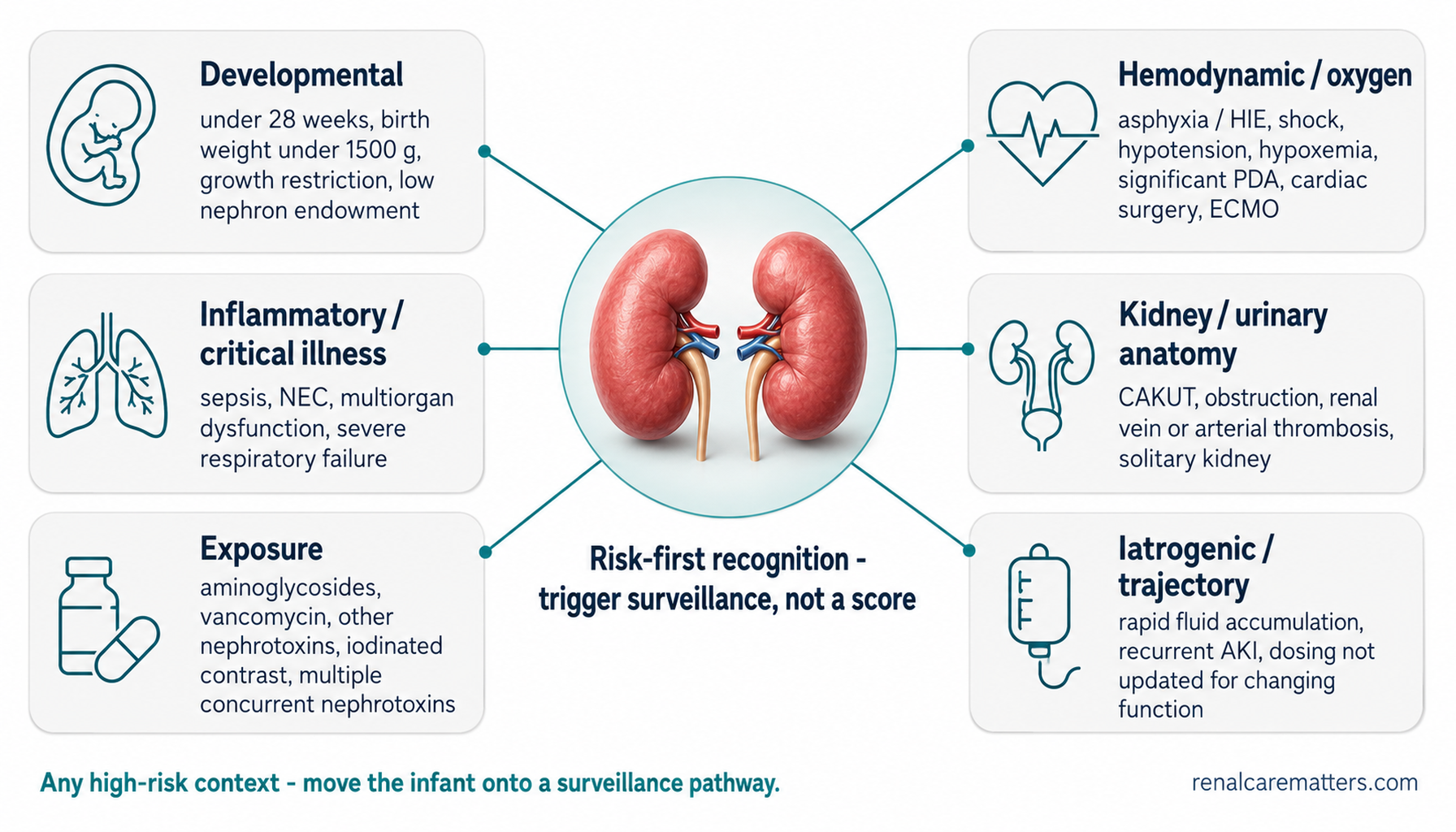 Six-domain neonatal AKI risk map around a central pair of kidneys: developmental (under 28 weeks, birth weight under 1500 g, growth restriction, low nephron endowment); hemodynamic/oxygen (asphyxia/HIE, shock, hypotension, hypoxemia, significant PDA, cardiac surgery, ECMO); inflammatory/critical illness (sepsis, NEC, multiorgan dysfunction, severe respiratory failure); kidney/urinary anatomy (CAKUT, obstruction, renal vein or arterial thrombosis, solitary kidney); exposure (aminoglycosides, vancomycin, other nephrotoxins, iodinated contrast); and iatrogenic/trajectory (rapid fluid accumulation, recurrent AKI, dosing not updated). Caption: risk-first recognition, trigger surveillance, not a score.