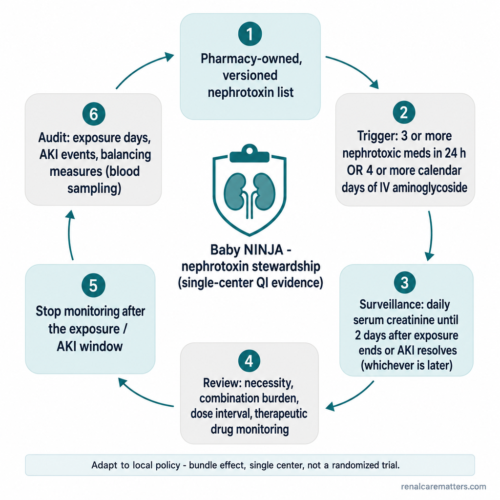 Circular six-step Baby NINJA nephrotoxin-stewardship loop: (1) pharmacy-owned, versioned nephrotoxin list; (2) trigger of three or more nephrotoxic medications in 24 hours or four or more calendar days of IV aminoglycoside; (3) surveillance with daily serum creatinine until 2 days after exposure ends or AKI resolves; (4) review of necessity, combination burden, dose interval, and therapeutic drug monitoring; (5) stop monitoring after the window; (6) audit of exposure days, AKI events, and balancing measures. Labelled single-center QI evidence, adapt to local policy.