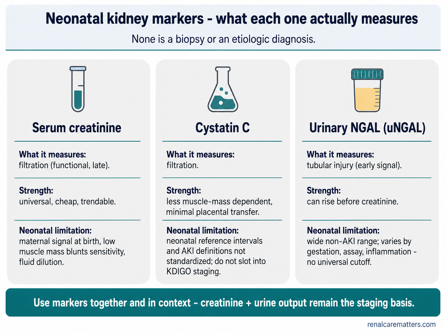 Three-column comparison of neonatal kidney markers — serum creatinine, cystatin C, and urinary NGAL — each with what it measures, its strength, and its neonatal limitation. Header: none is a biopsy or an etiologic diagnosis. Footer: use markers together and in context; creatinine plus urine output remain the staging basis.