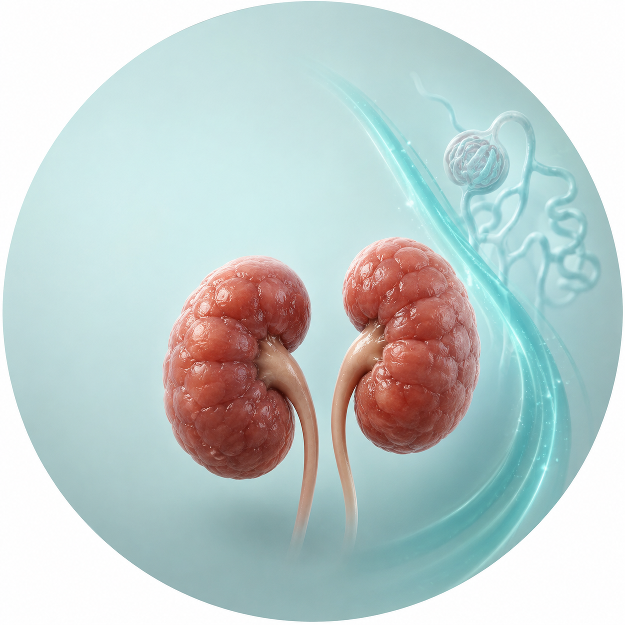 Calm 3D illustration of a pair of newborn kidneys beside a soft, descending creatinine-trajectory ribbon and a small forming glomerulus.