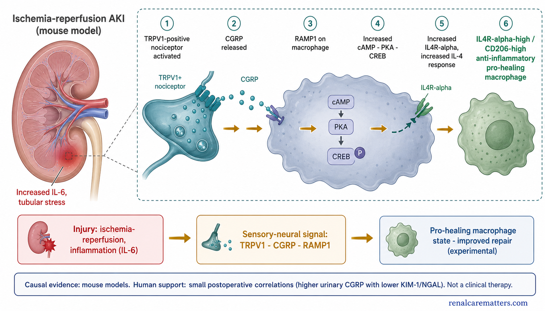 Horizontal mechanism flow. Ischemia-reperfusion injury leads to an inflammatory environment with interleukin-6, which activates TRPV1-positive nociceptors, which release CGRP, which signals through RAMP1 on macrophages, raising cyclic AMP then protein kinase A then CREB, which increases IL4-receptor-alpha, producing an anti-inflammatory pro-healing macrophage state and improved repair in mice.