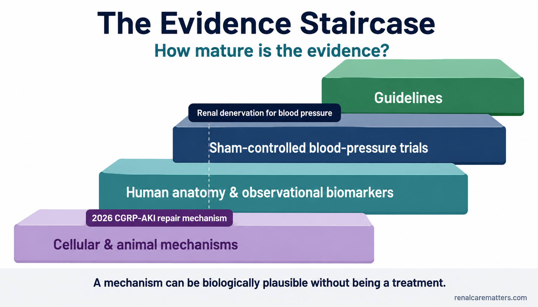 An evidence staircase with four steps rising left to right. Bottom step: cellular and animal mechanisms. Second step: human anatomy and observational biomarkers. Third step: sham-controlled blood-pressure trials. Top step: guidelines. The CGRP-AKI mechanism is marked on the bottom step; renal denervation for blood pressure is marked on the third step.
