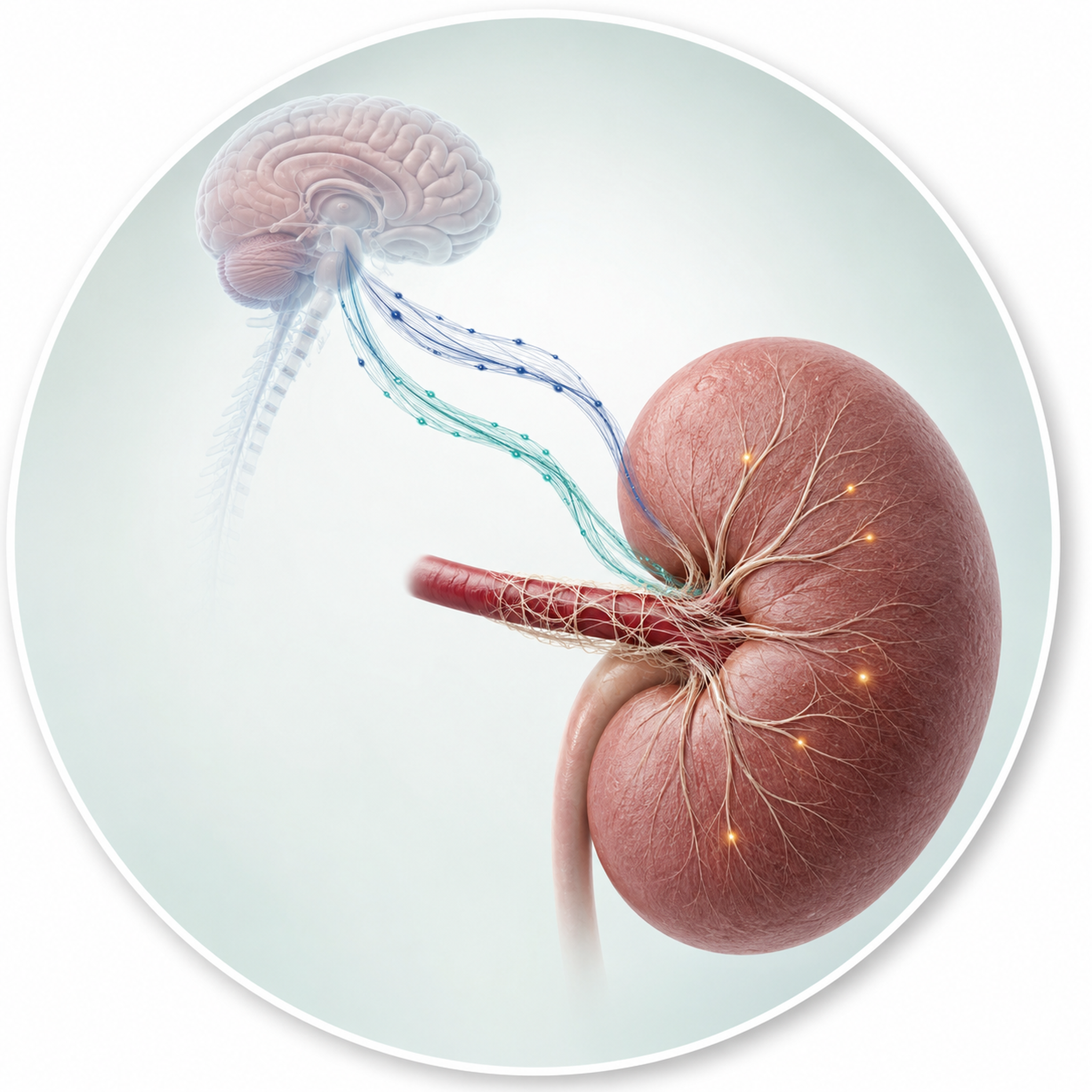 A single human kidney wrapped in fine periarterial nerve fibers, linked by two nerve bundles to a brain and spinal cord — a navy bundle running brain to kidney and a teal bundle running kidney to brain.