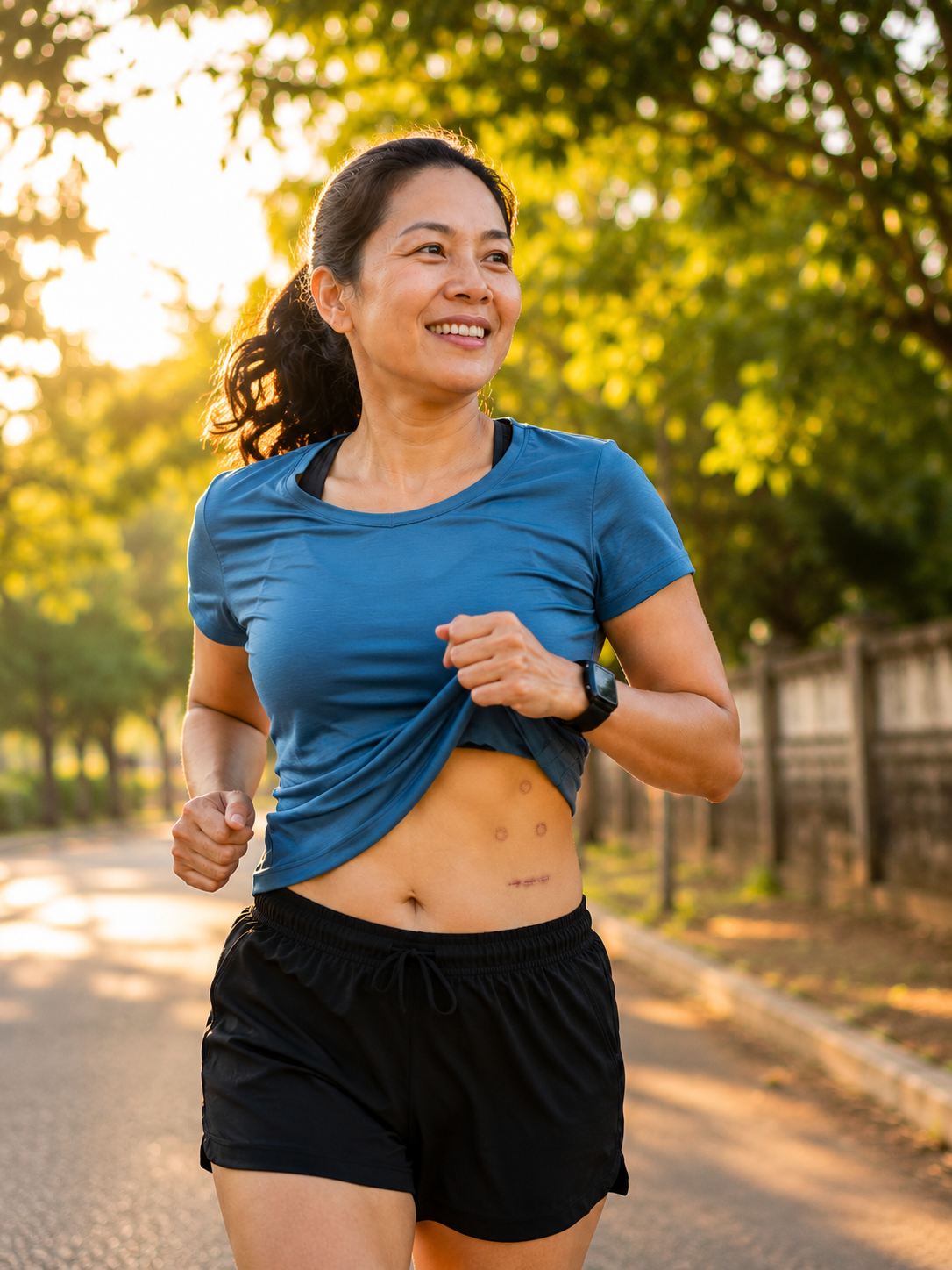 Filipino kidney donor living an active, full life after living donor nephrectomy — jogging outdoors at golden hour