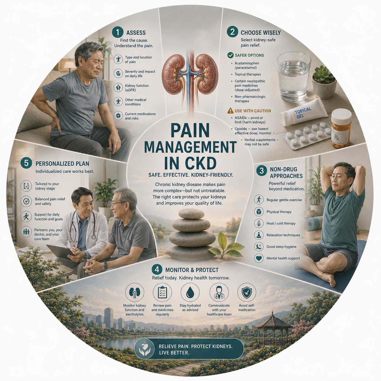 Circular vignette hero illustration for the safe pain relief in kidney disease guide.