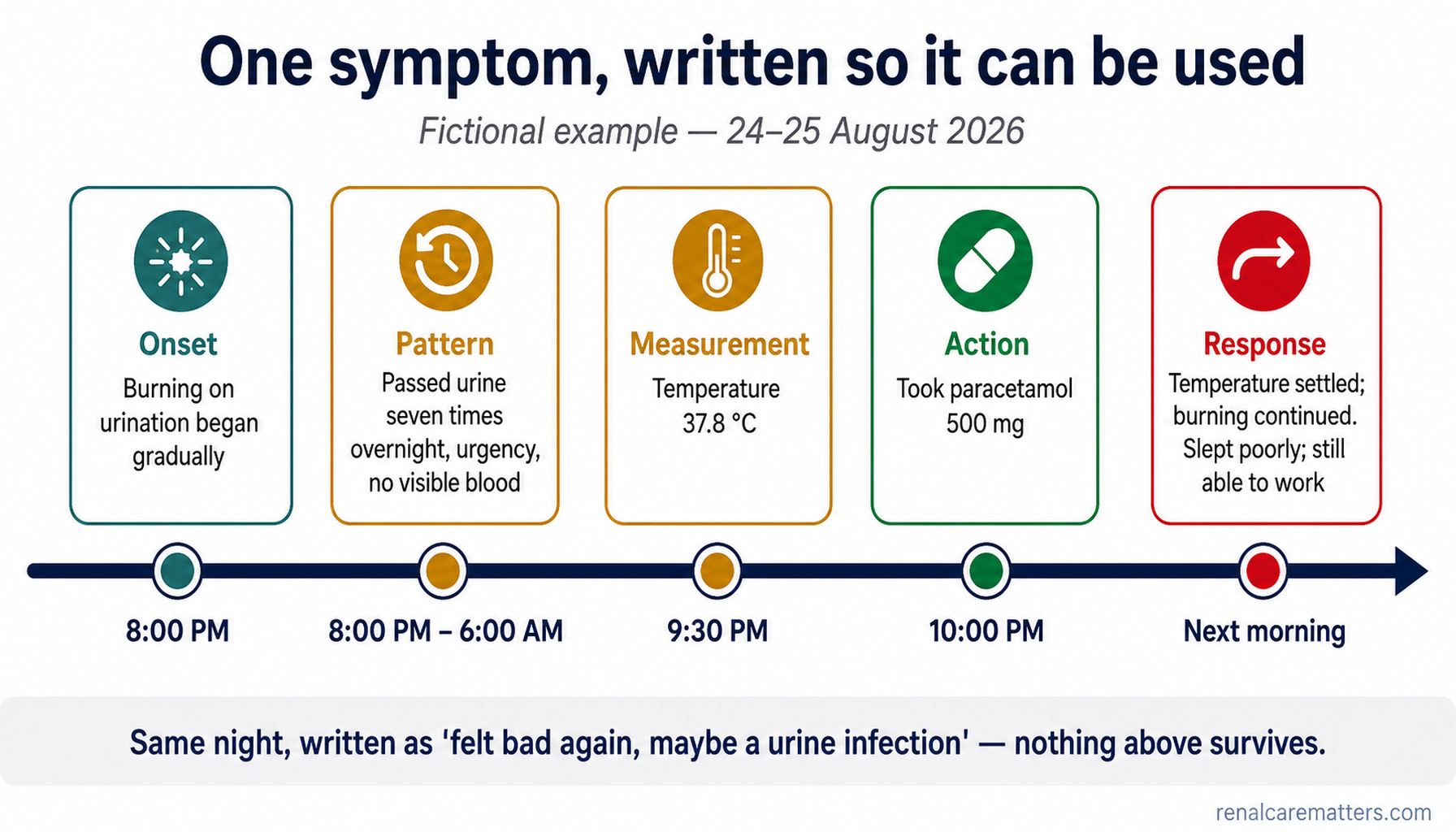 A fictional symptom entry drawn as a timeline with five markers: onset, overnight pattern, measured temperature, medicine taken, and the partial response the next morning.