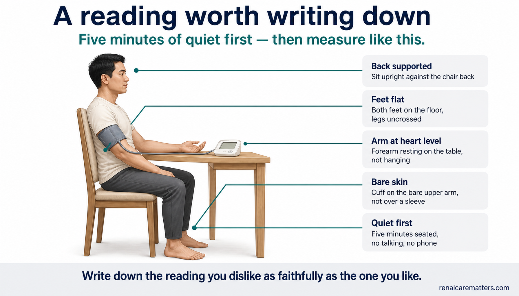 Correct seated posture for a home blood-pressure reading: back supported, feet flat and uncrossed, cuff on the bare upper arm, forearm resting on a table at heart level.