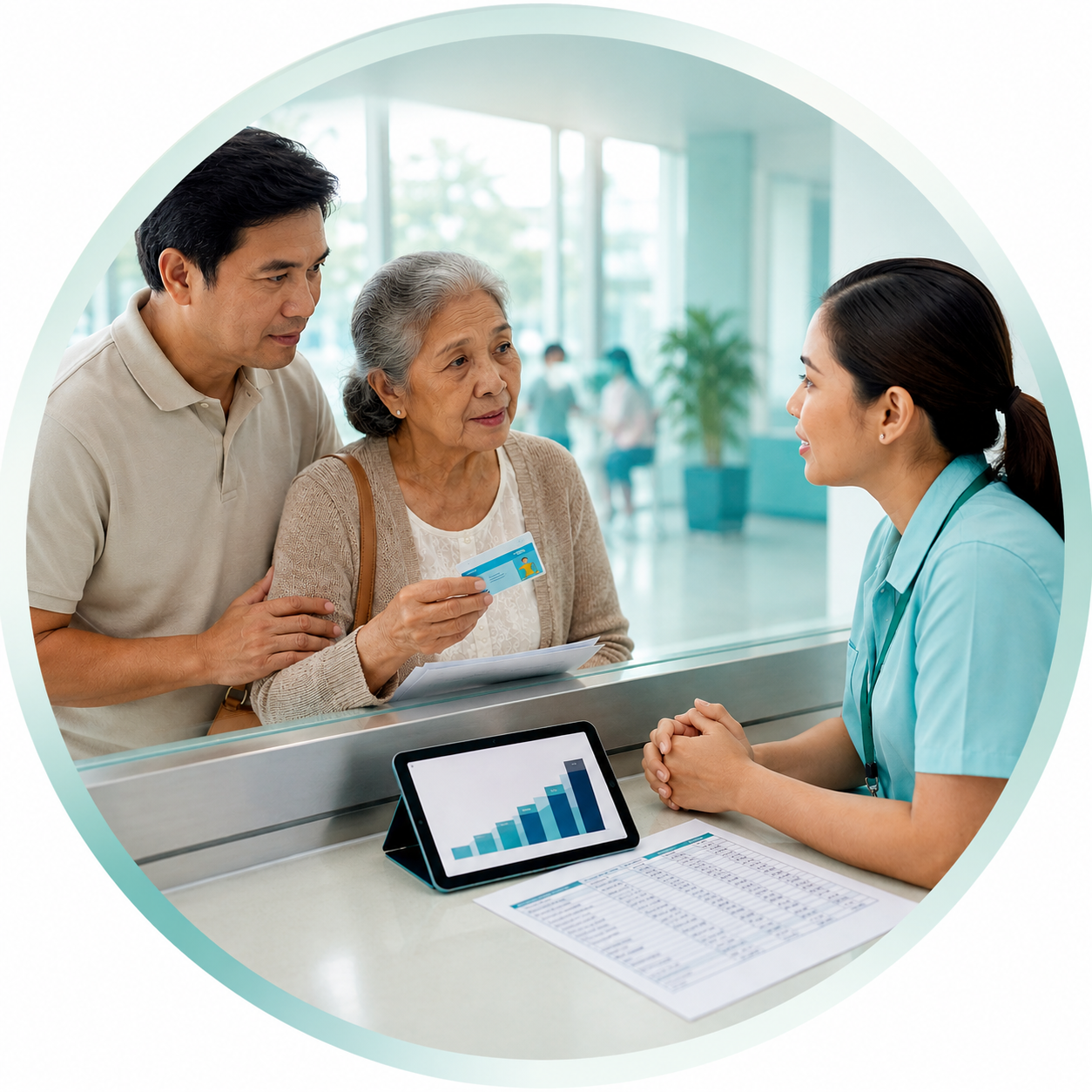 Filipino family at a hospital billing window holding a PhilHealth card while a clerk reviews a paper case-rate sheet next to a tablet showing a DRG severity grouper