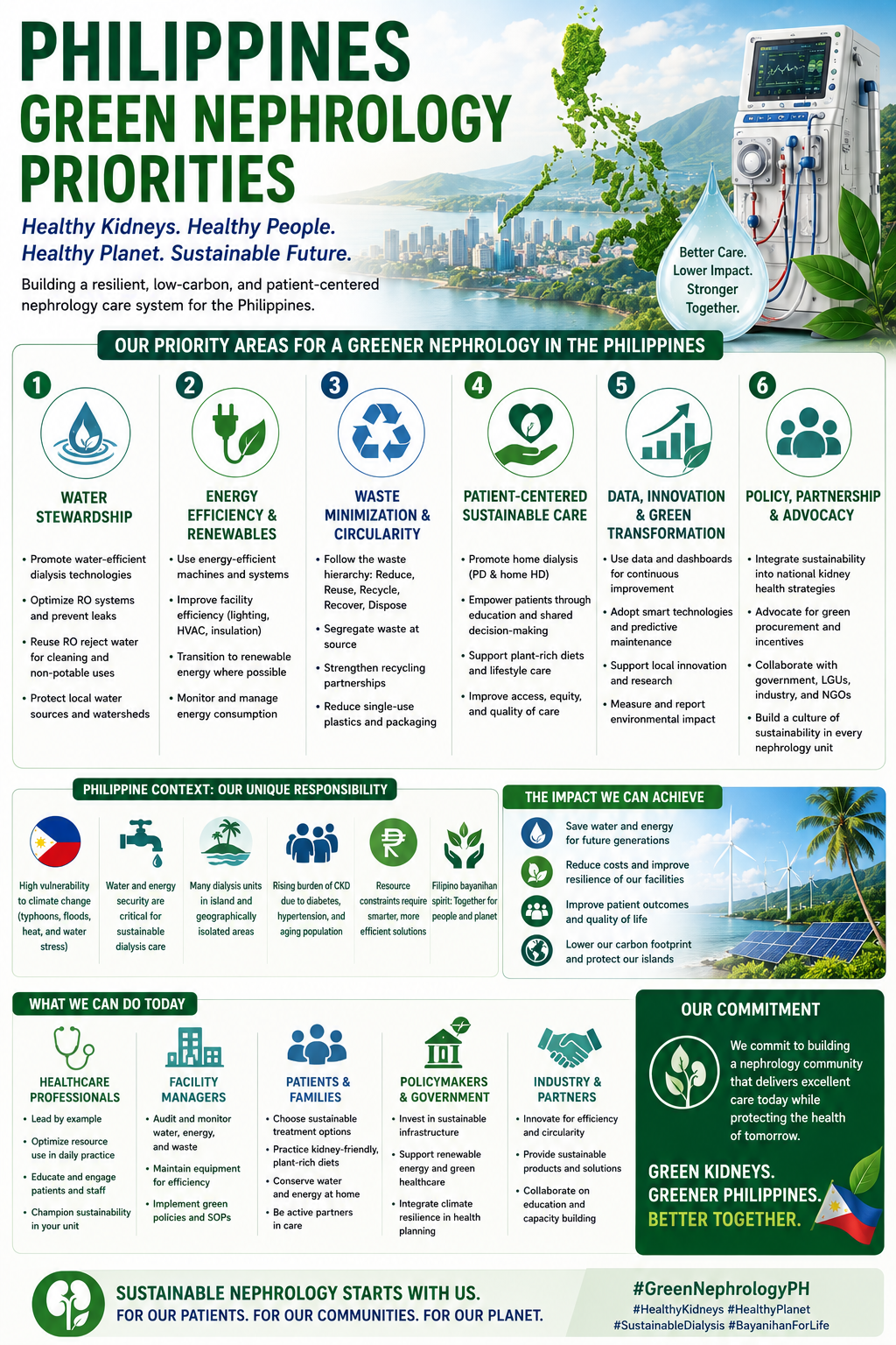Philippine green-nephrology priorities — dialysate flow, water stewardship, electricity, waste segregation, consumables, preventing hospitalization, and nutrition.