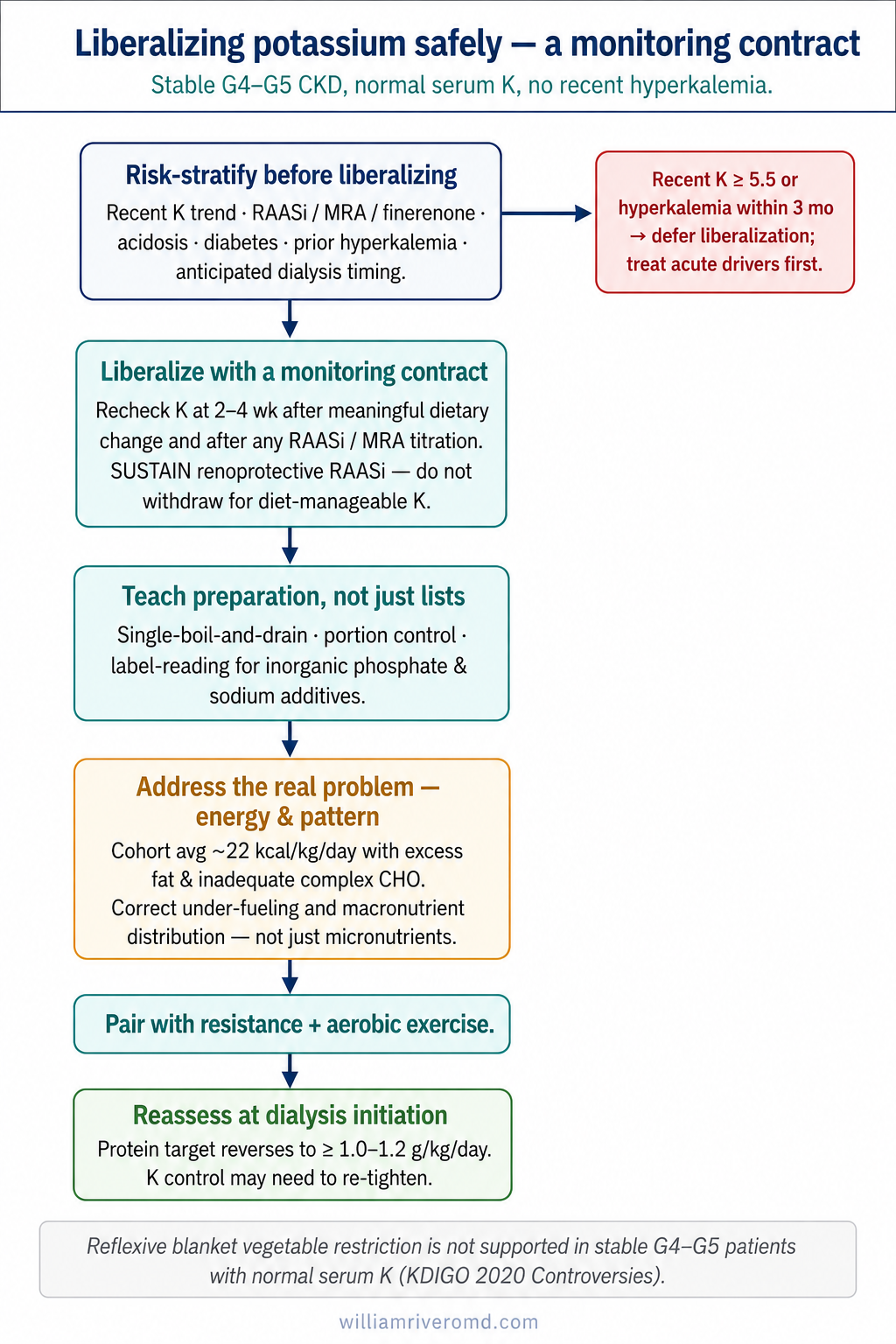 Portrait clinical algorithm for liberalizing dietary potassium safely in stable G4–G5 CKD via a monitoring contract, with risk-stratification, recheck intervals, and a contraindication branch.
