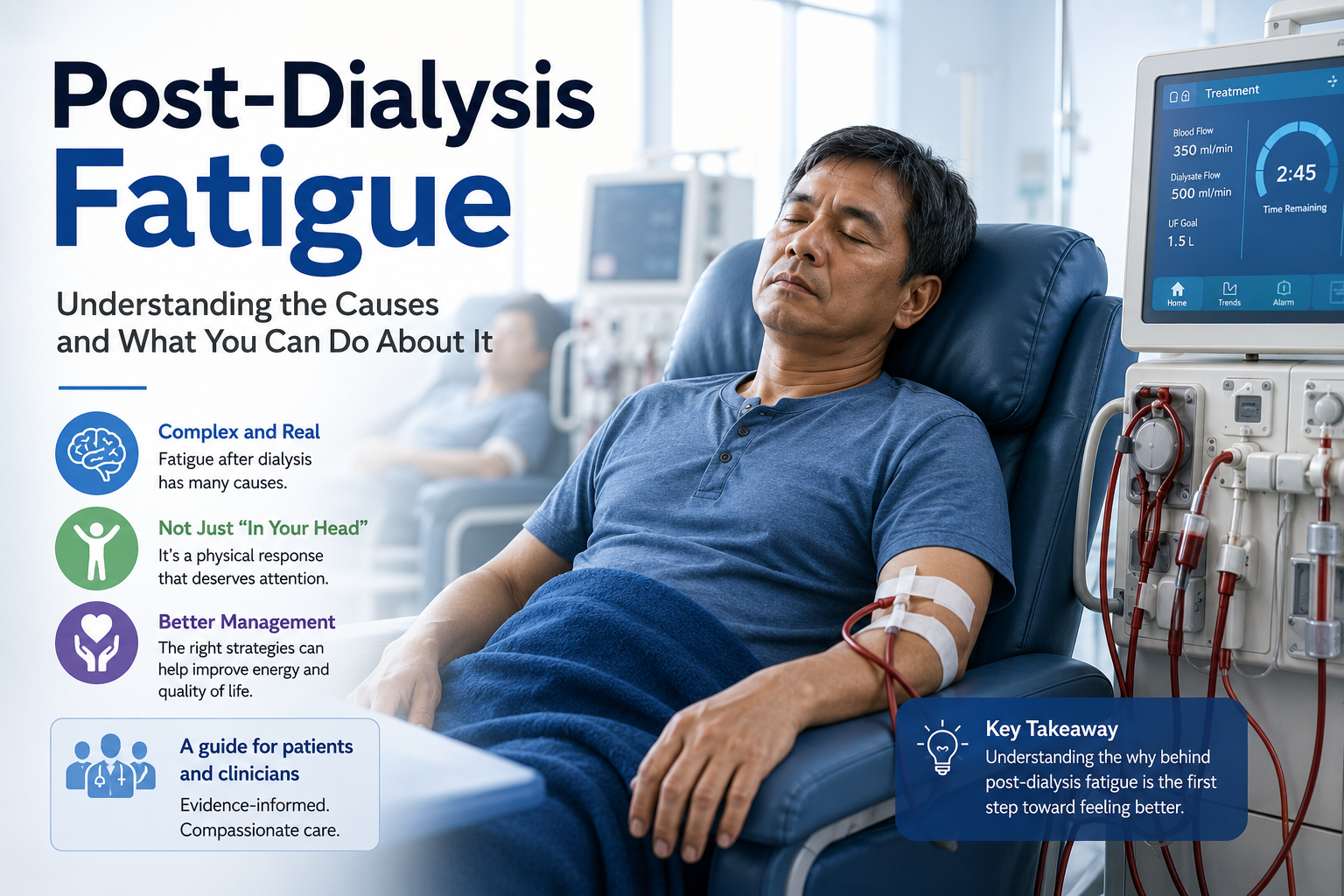 Filipino hemodialysis patient resting in a recliner after dialysis — the exhaustion of post-dialysis fatigue, calm and dignified