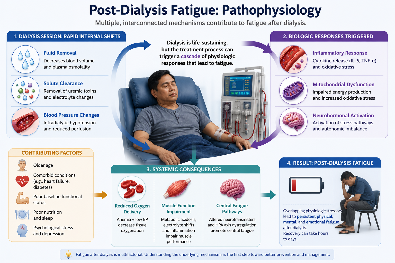Diagram of 5 mechanisms that cause post-dialysis fatigue: hemodynamic stress, fluid shifts, uremic toxin rebound, inflammation, and mitochondrial dysfunction
