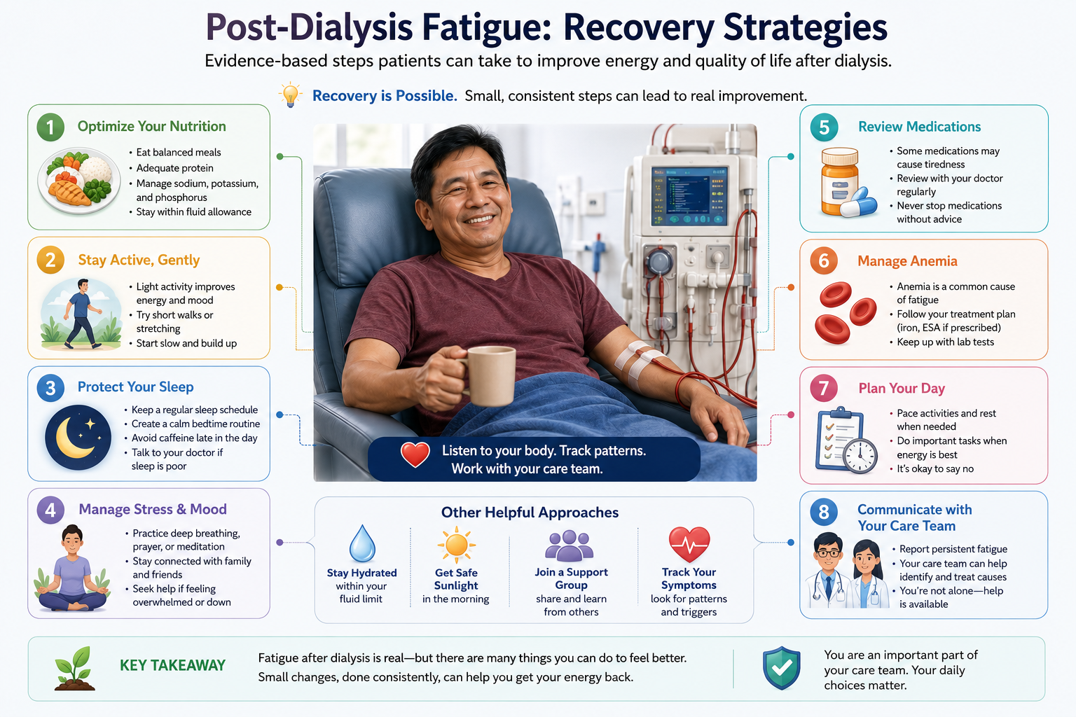 Seven evidence-based strategies to recover faster after hemodialysis — rest, hydration, nutrition, gentle movement, sleep, stress reduction, and dialysis optimisation